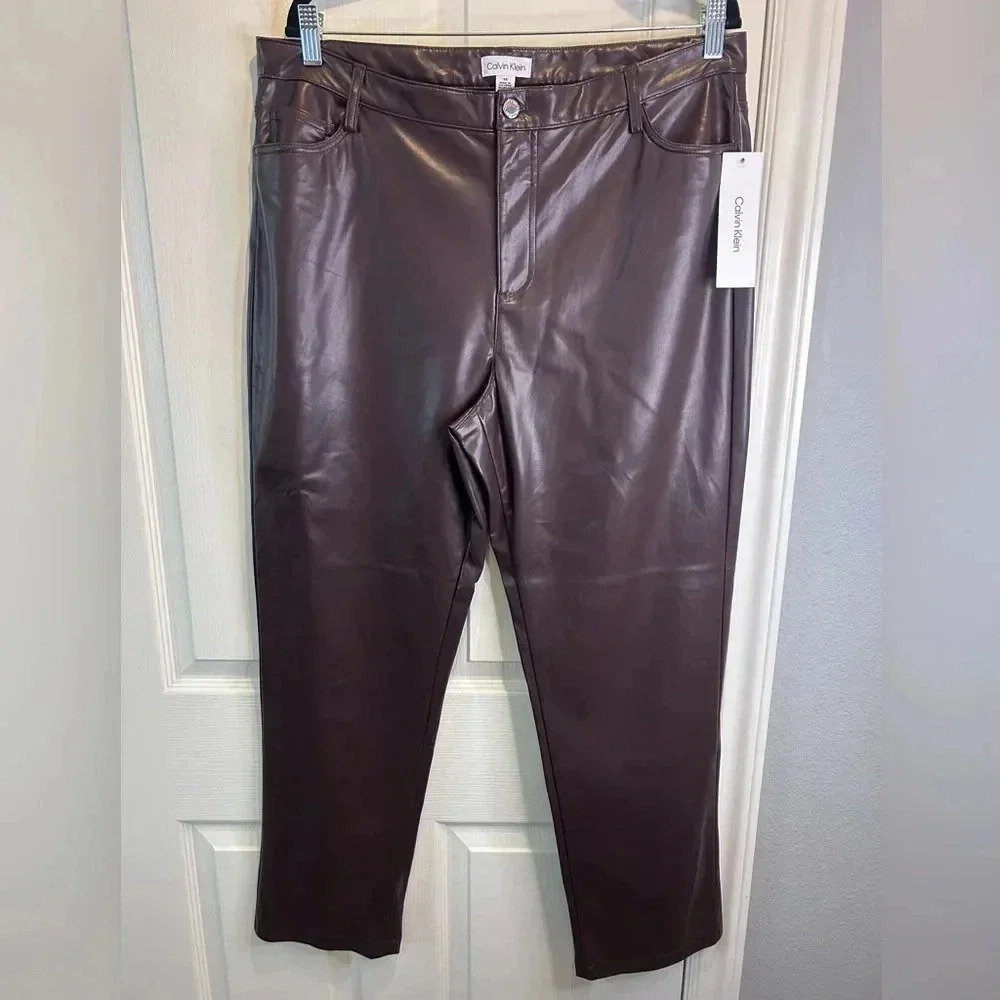 🤎”Calvin Klein” NWT Coffee Bean Faux Leather Pants Size 14 🤎